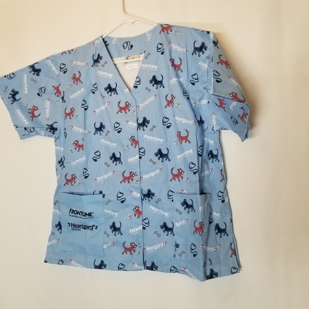 Frontline heartguard scrub snap front dog and cat blue‎ size Large veterinarian